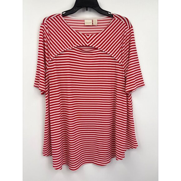 Chico's Stretch Striped Key Hole Short Sleeve Top Red White Sz 2 (12) Large - Picture 1 of 6